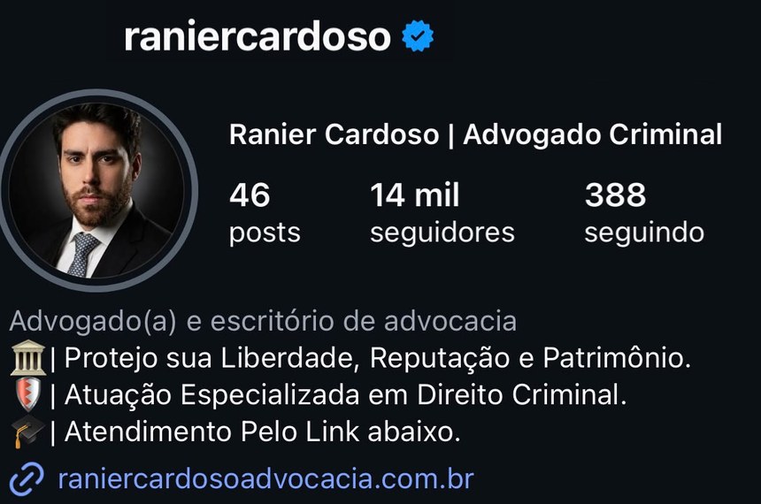 Perfil verificado @raniercardoso no Instagram, com 14,1 mil seguidores